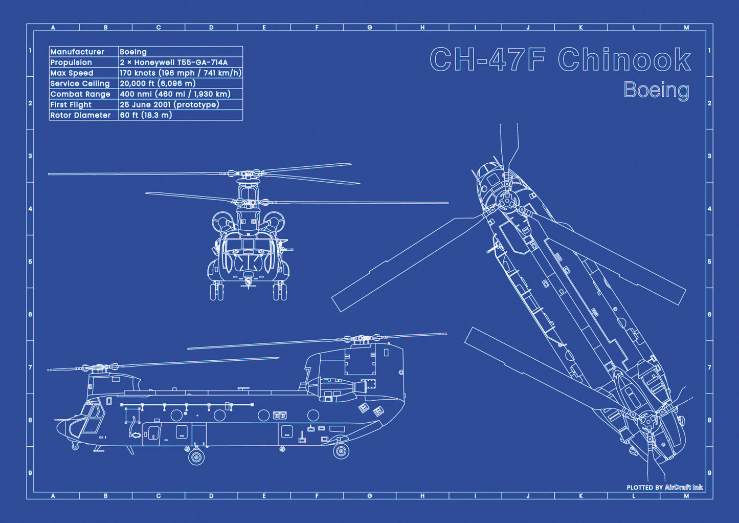 Boeing CH-47F Chinook technical aircraft plan drawing in blueprint style, aviation wall art poster gift for aircraft enthusiasts and pilots.