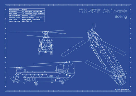 Boeing CH-47F Chinook technical aircraft plan drawing in blueprint style, aviation wall art poster gift for aircraft enthusiasts and pilots.