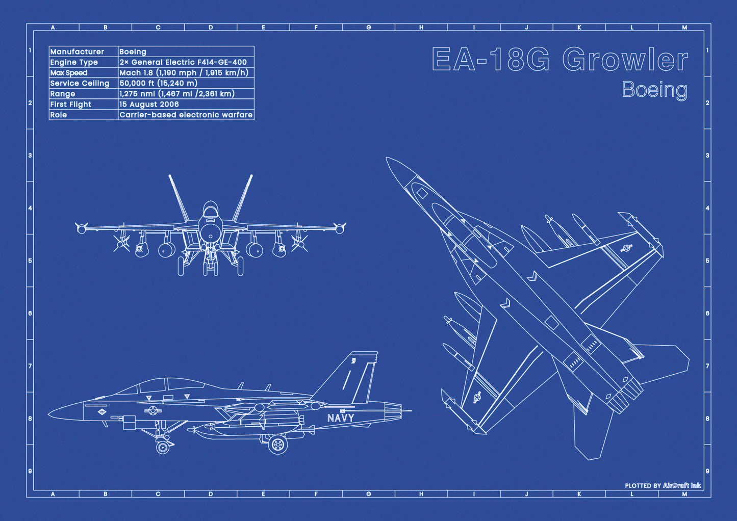 Boeing EA-18G_Growler technical aircraft plan drawing in blueprint style, aviation wall art poster gift for aircraft enthusiasts and pilots.