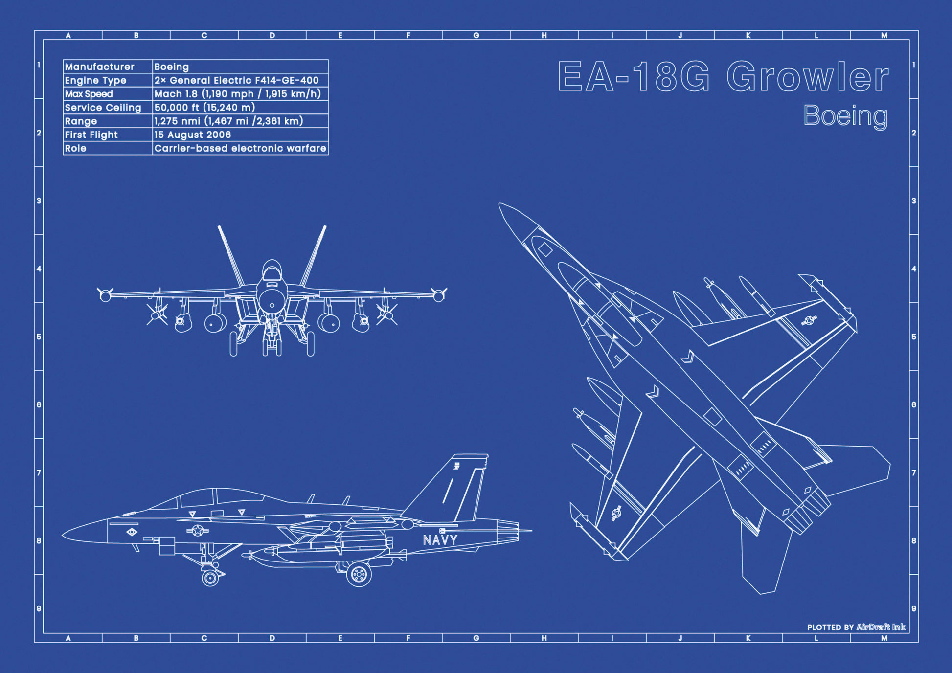 Boeing EA-18G_Growler technical aircraft plan drawing in blueprint style, aviation wall art poster gift for aircraft enthusiasts and pilots.