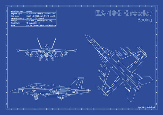 Boeing EA-18G_Growler technical aircraft plan drawing in blueprint style, aviation wall art poster gift for aircraft enthusiasts and pilots.