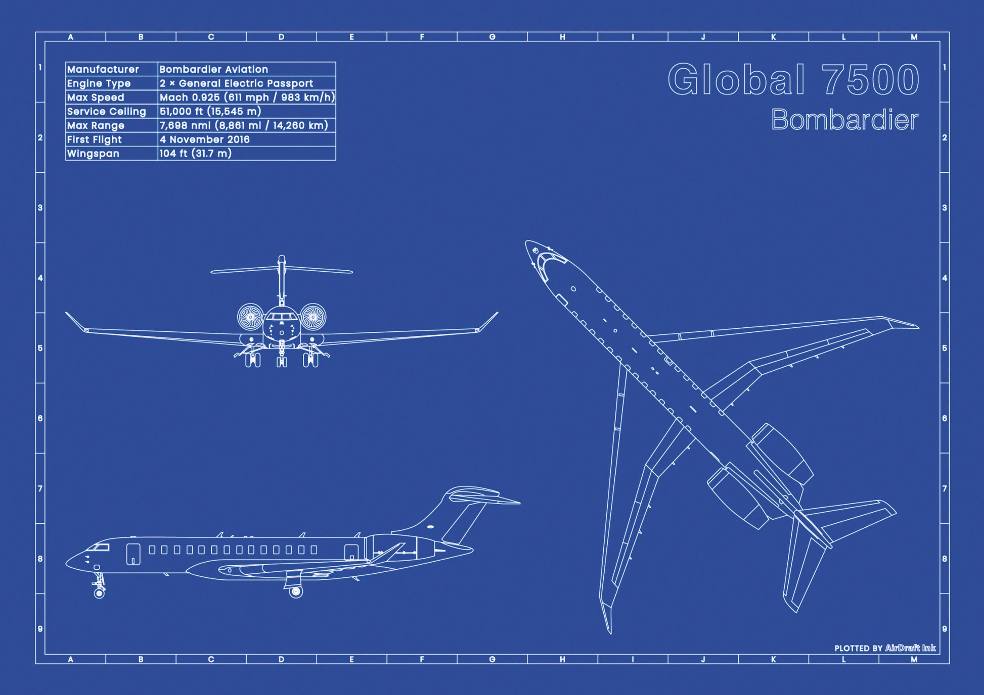 Bombardier Global 7500 technical aircraft plan drawing in blueprint style, aviation wall art poster gift for aircraft enthusiasts and pilots.
