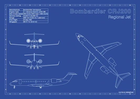 Bombardier CRJ200 technical aircraft plan drawing in blueprint style, aviation wall art poster gift for aircraft enthusiasts and pilots.