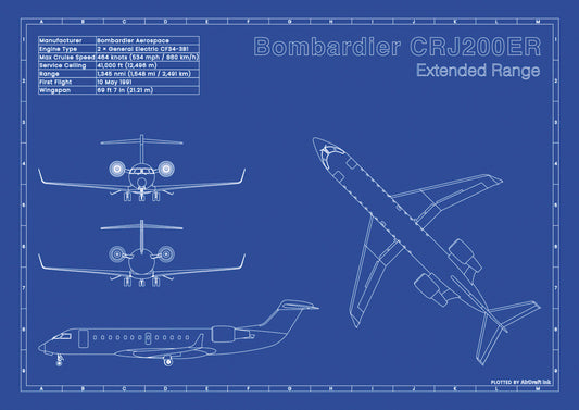 Bombardier CRJ200ER technical aircraft plan drawing in blueprint style, aviation wall art poster gift for aircraft enthusiasts and pilots.