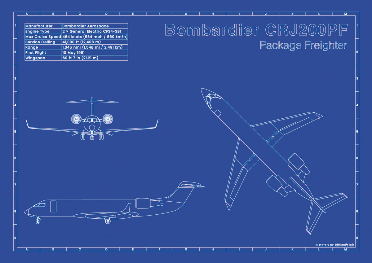 Bombardier CRJ200PF technical aircraft plan drawing in blueprint style, aviation wall art poster gift for aircraft enthusiasts and pilots.