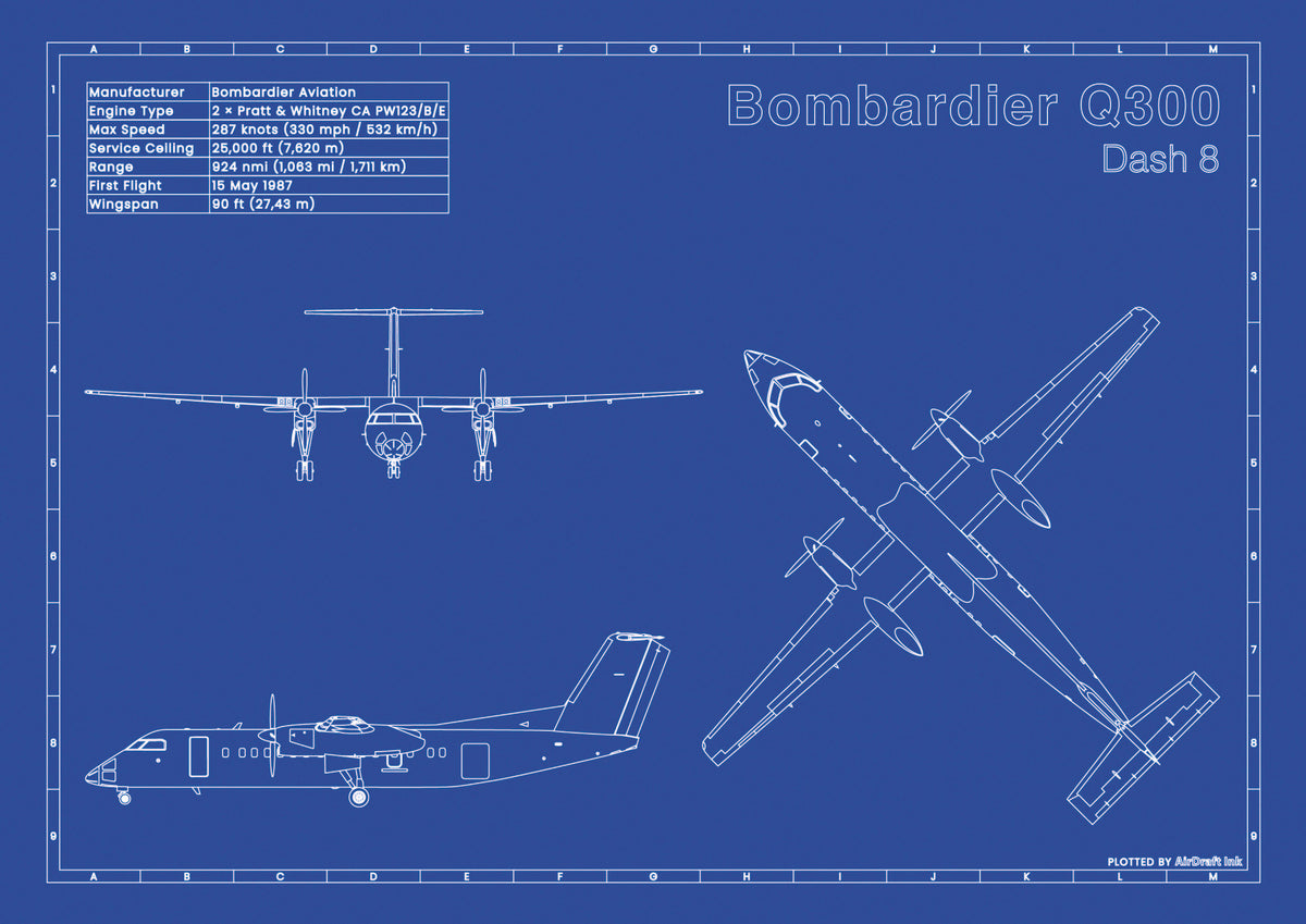 Bombardier Q300 Dash 8 technical aircraft plan drawing in blueprint style, aviation wall art poster gift for aircraft enthusiasts and pilots.