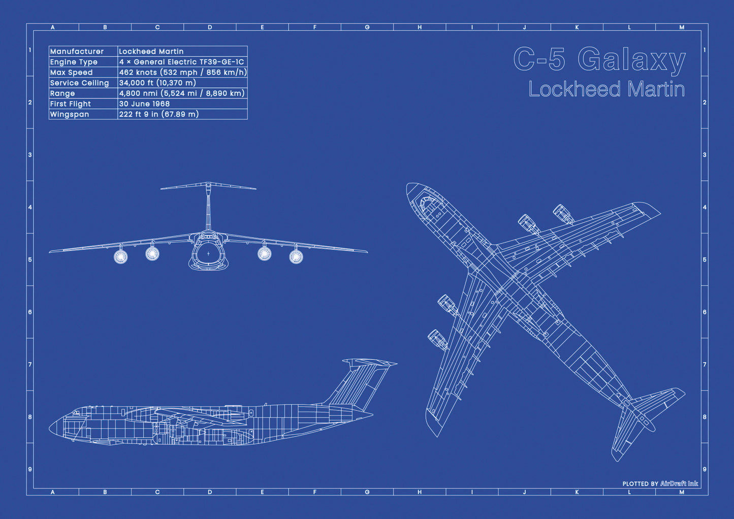 Lockheed C-5 Galaxy technical aircraft plan drawing in blueprint style, aviation wall art poster gift for aircraft enthusiasts and pilots.