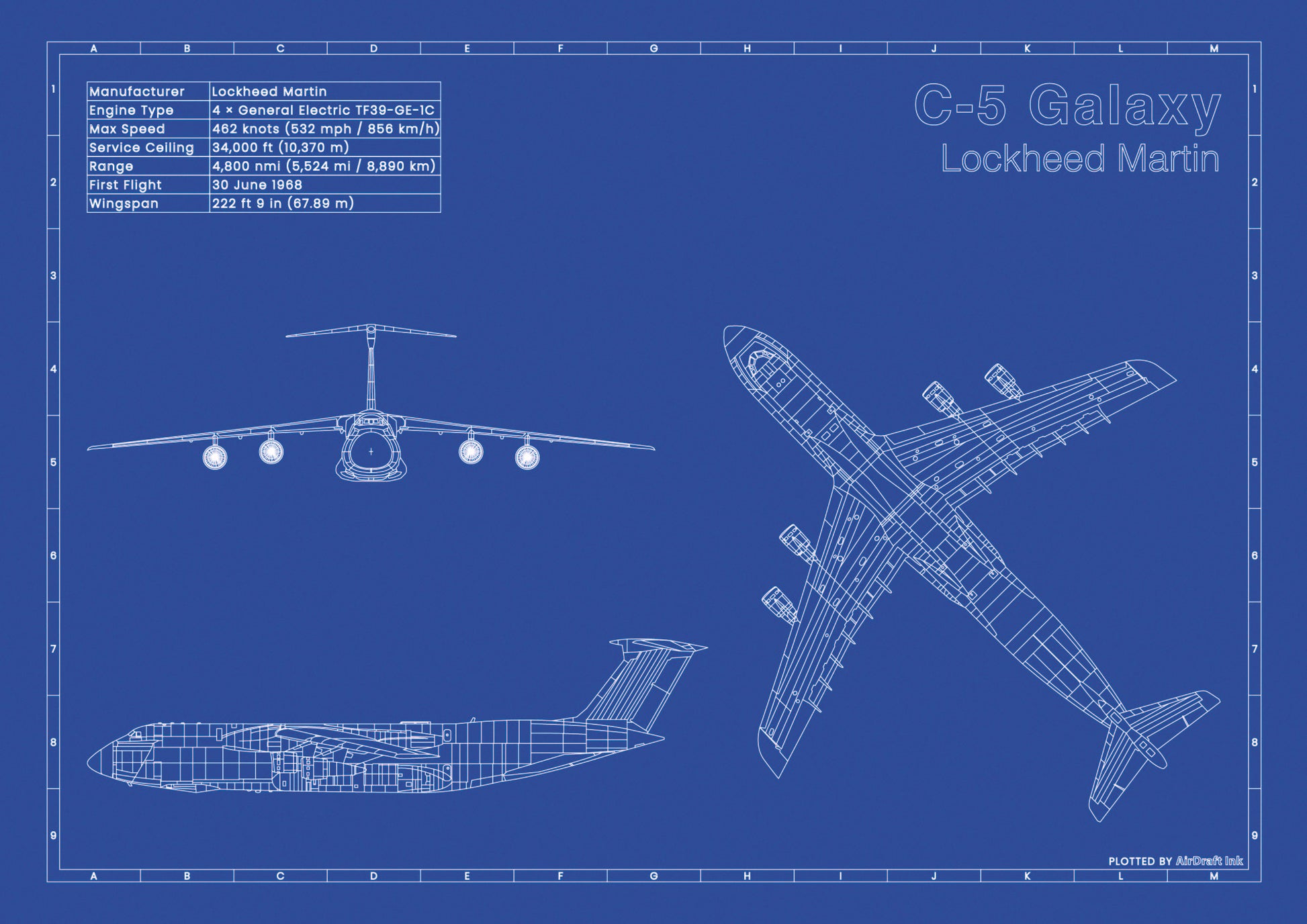 Lockheed C-5 Galaxy technical aircraft plan drawing in blueprint style, aviation wall art poster gift for aircraft enthusiasts and pilots.