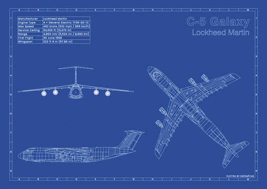 Lockheed C-5 Galaxy technical aircraft plan drawing in blueprint style, aviation wall art poster gift for aircraft enthusiasts and pilots.