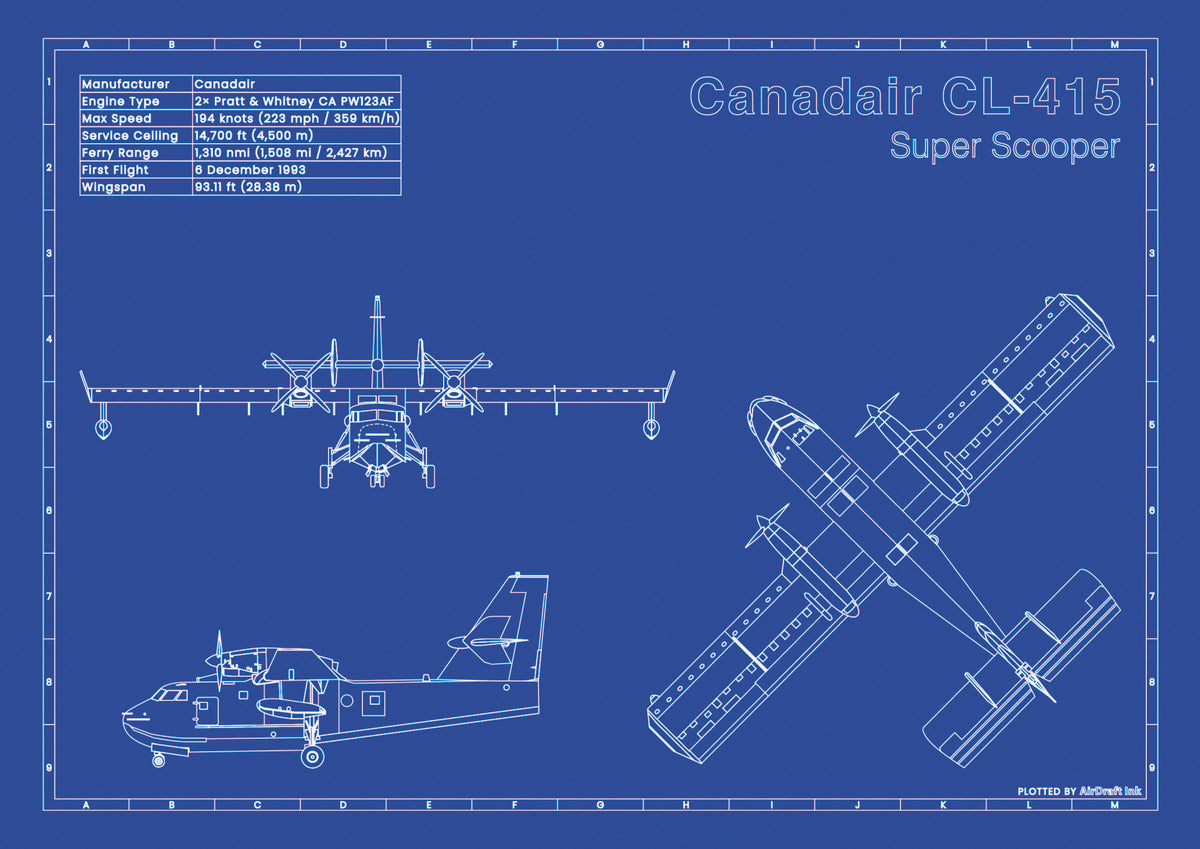 Canadair CL-415 Super scooper technical aircraft plan drawing in blueprint style, aviation wall art poster gift for aircraft enthusiasts and pilots.
