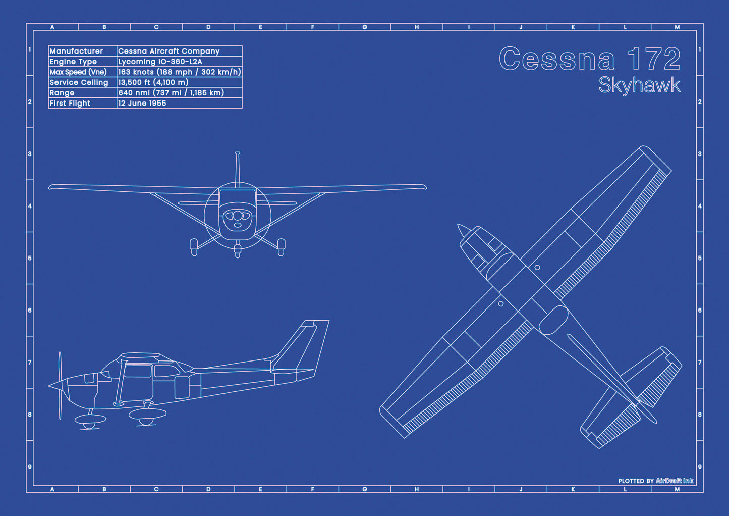 Cessna 172 Skyhawk technical aircraft plan drawing in blueprint style, aviation wall art poster gift for aircraft enthusiasts and pilots.