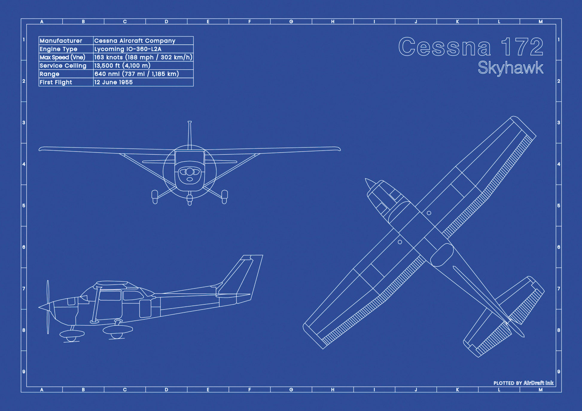 Cessna 172 Skyhawk technical aircraft plan drawing in blueprint style, aviation wall art poster gift for aircraft enthusiasts and pilots.
