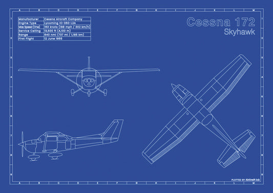 Cessna 172 Skyhawk technical aircraft plan drawing in blueprint style, aviation wall art poster gift for aircraft enthusiasts and pilots.
