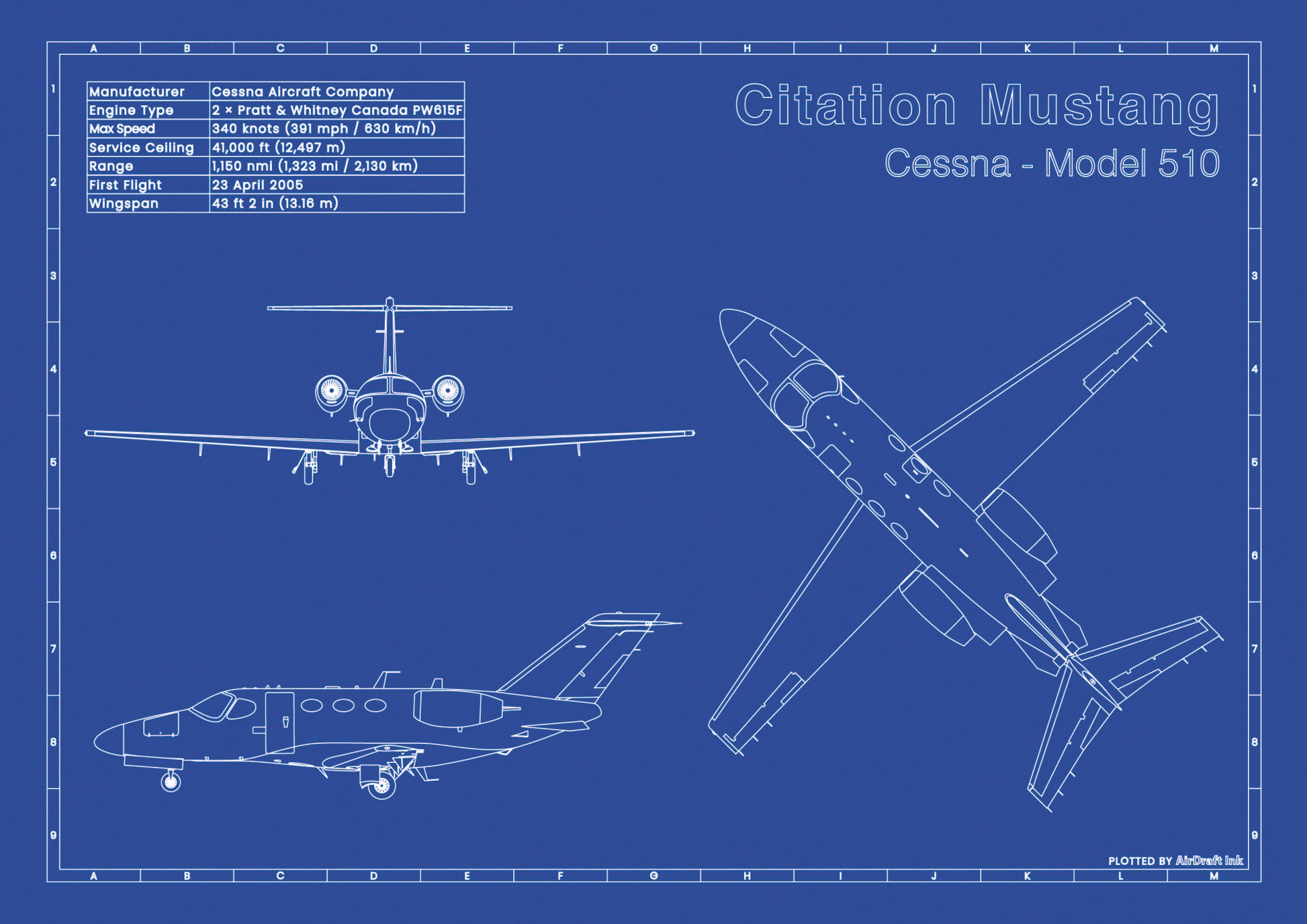 Cessna-Citation_Mustang technical aircraft plan drawing in blueprint style, aviation wall art poster gift for aircraft enthusiasts and pilots.