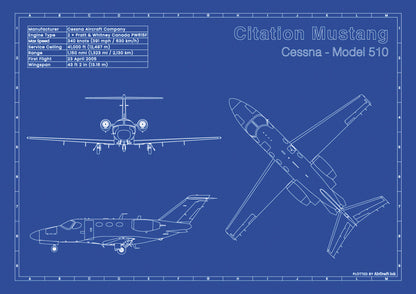 Cessna-Citation_Mustang technical aircraft plan drawing in blueprint style, aviation wall art poster gift for aircraft enthusiasts and pilots.