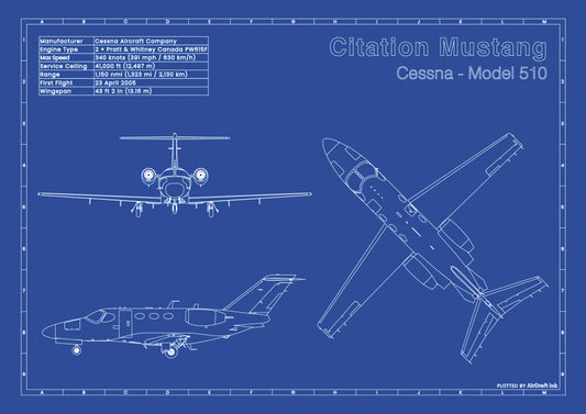 Cessna-Citation_Mustang technical aircraft plan drawing in blueprint style, aviation wall art poster gift for aircraft enthusiasts and pilots.