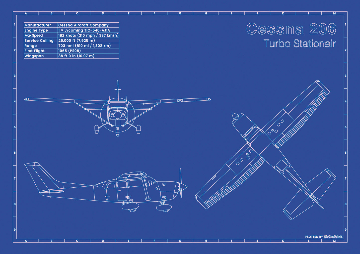 Cessna 206 Turbo Stationair technical aircraft plan drawing in blueprint style, aviation wall art poster gift for aircraft enthusiasts and pilots.