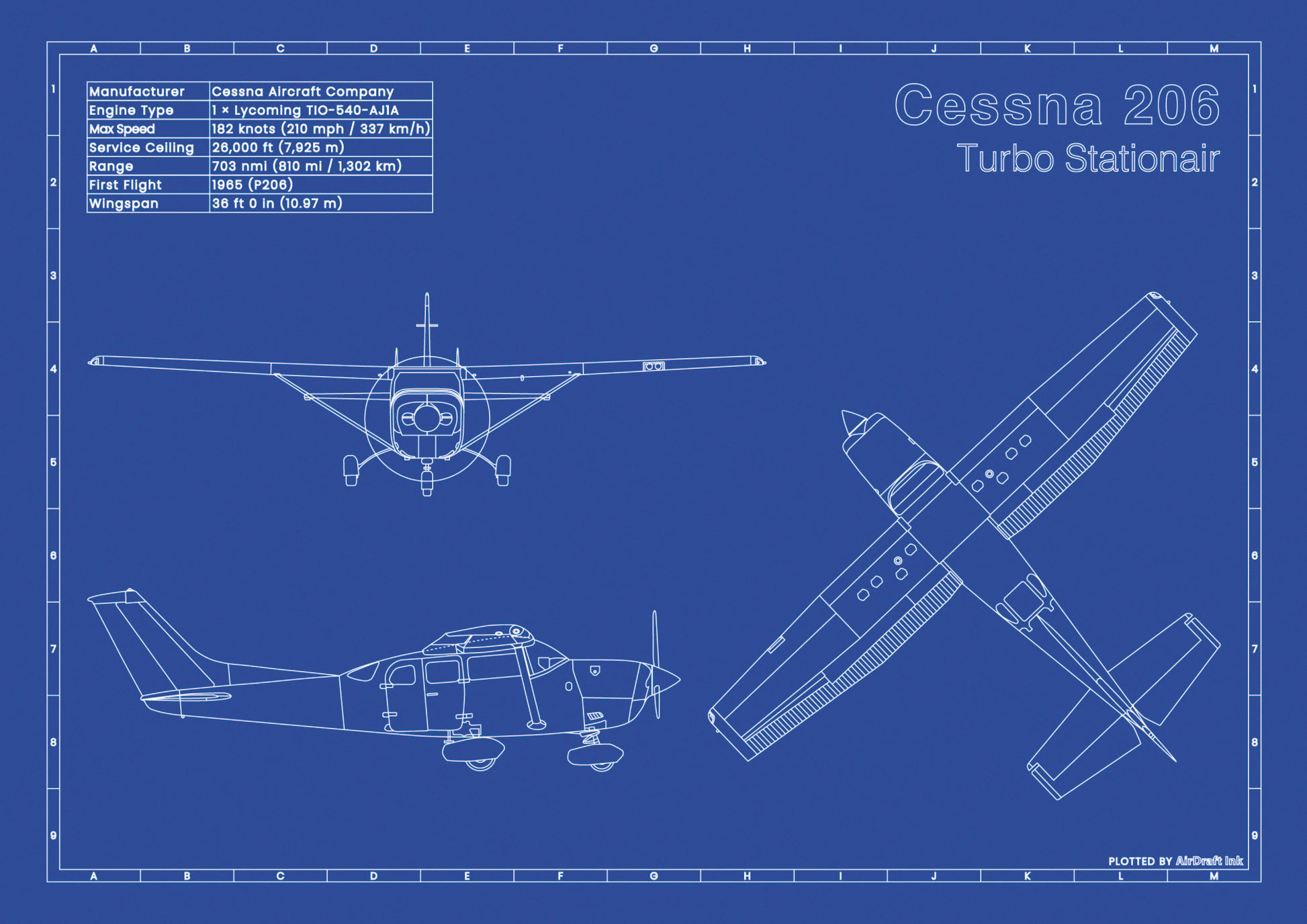 Cessna 206 Turbo Stationair technical aircraft plan drawing in blueprint style, aviation wall art poster gift for aircraft enthusiasts and pilots.