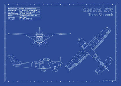 Cessna 206 Turbo Stationair technical aircraft plan drawing in blueprint style, aviation wall art poster gift for aircraft enthusiasts and pilots.