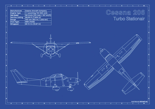 Cessna 206 Turbo Stationair technical aircraft plan drawing in blueprint style, aviation wall art poster gift for aircraft enthusiasts and pilots.