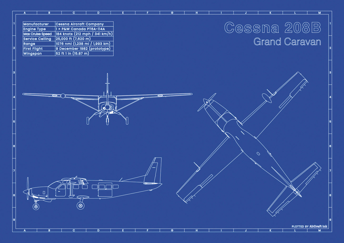Cessna 208B Grand Caravan technical aircraft plan drawing in blueprint style, aviation wall art poster gift for aircraft enthusiasts and pilots.