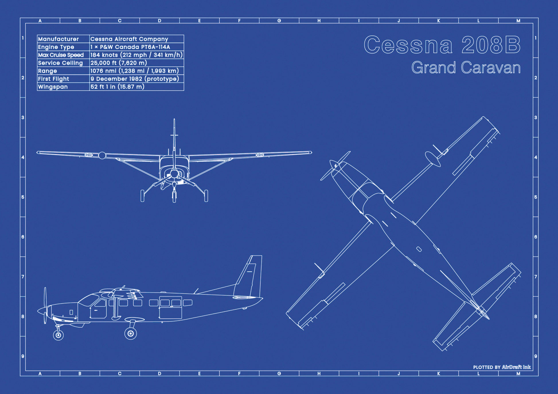 Cessna 208B Grand Caravan technical aircraft plan drawing in blueprint style, aviation wall art poster gift for aircraft enthusiasts and pilots.