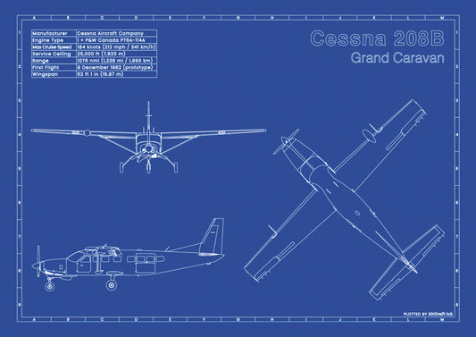 Cessna 208B Grand Caravan technical aircraft plan drawing in blueprint style, aviation wall art poster gift for aircraft enthusiasts and pilots.