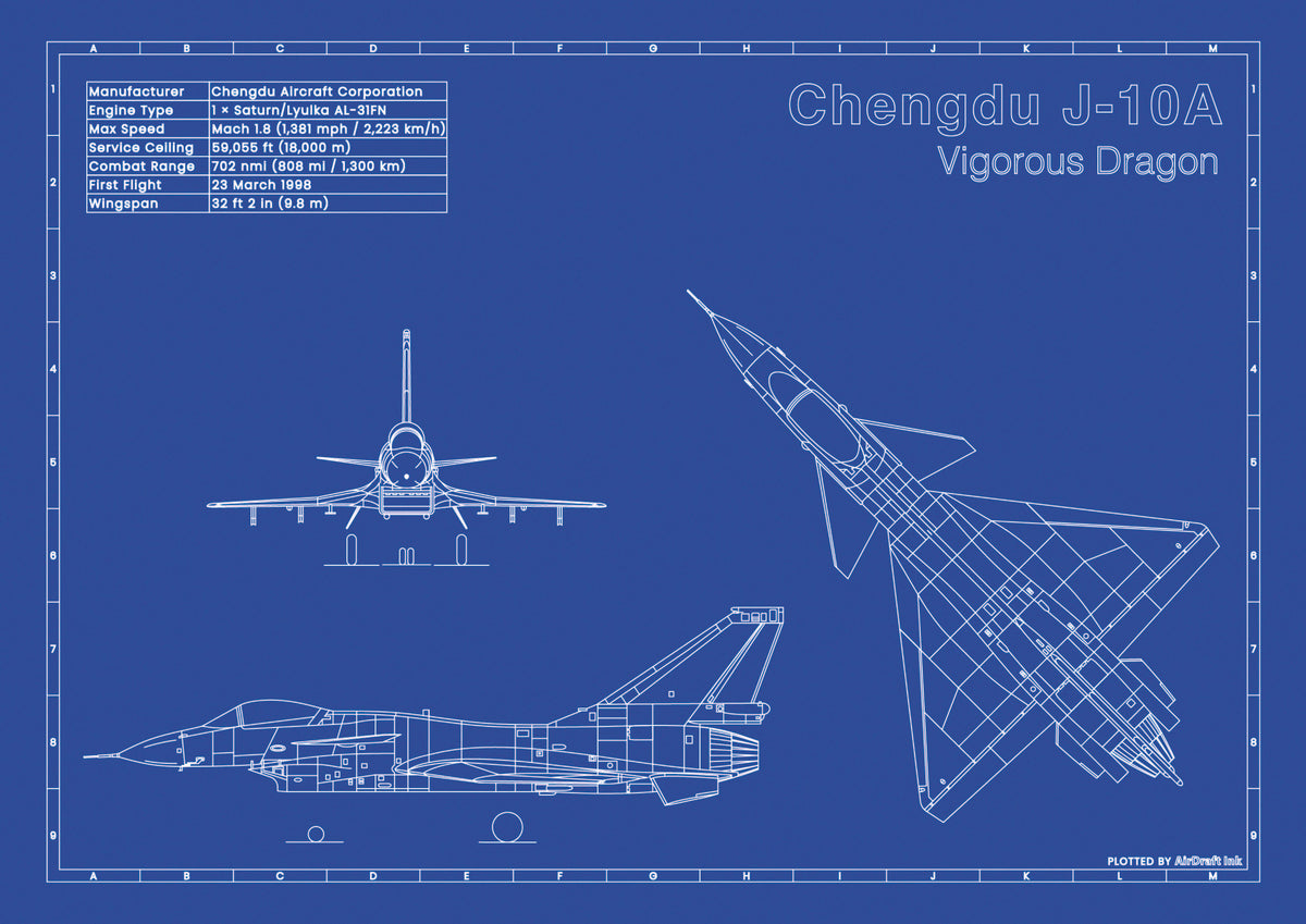 Chengdu_J-10A Vigorous Dragon technical aircraft plan drawing in blueprint style, aviation wall art poster gift for aircraft enthusiasts and pilots.