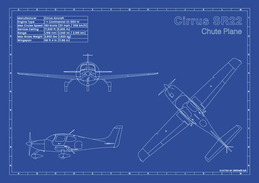 Cirrus-SR22-technical aircraft plan drawing in blueprint style, aviation wall art poster gift for aircraft enthusiasts and pilots.