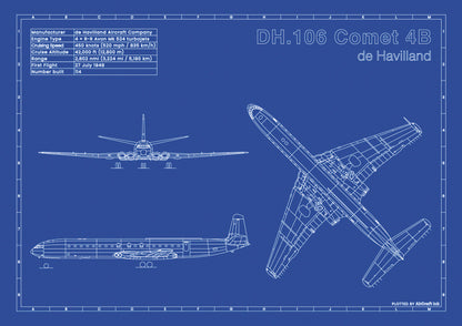 de Havilland DH.106 Comet 4B technical aircraft plan drawing in blueprint style, aviation wall art poster gift for aircraft enthusiasts and pilots.