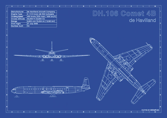 de Havilland DH.106 Comet 4B technical aircraft plan drawing in blueprint style, aviation wall art poster gift for aircraft enthusiasts and pilots.