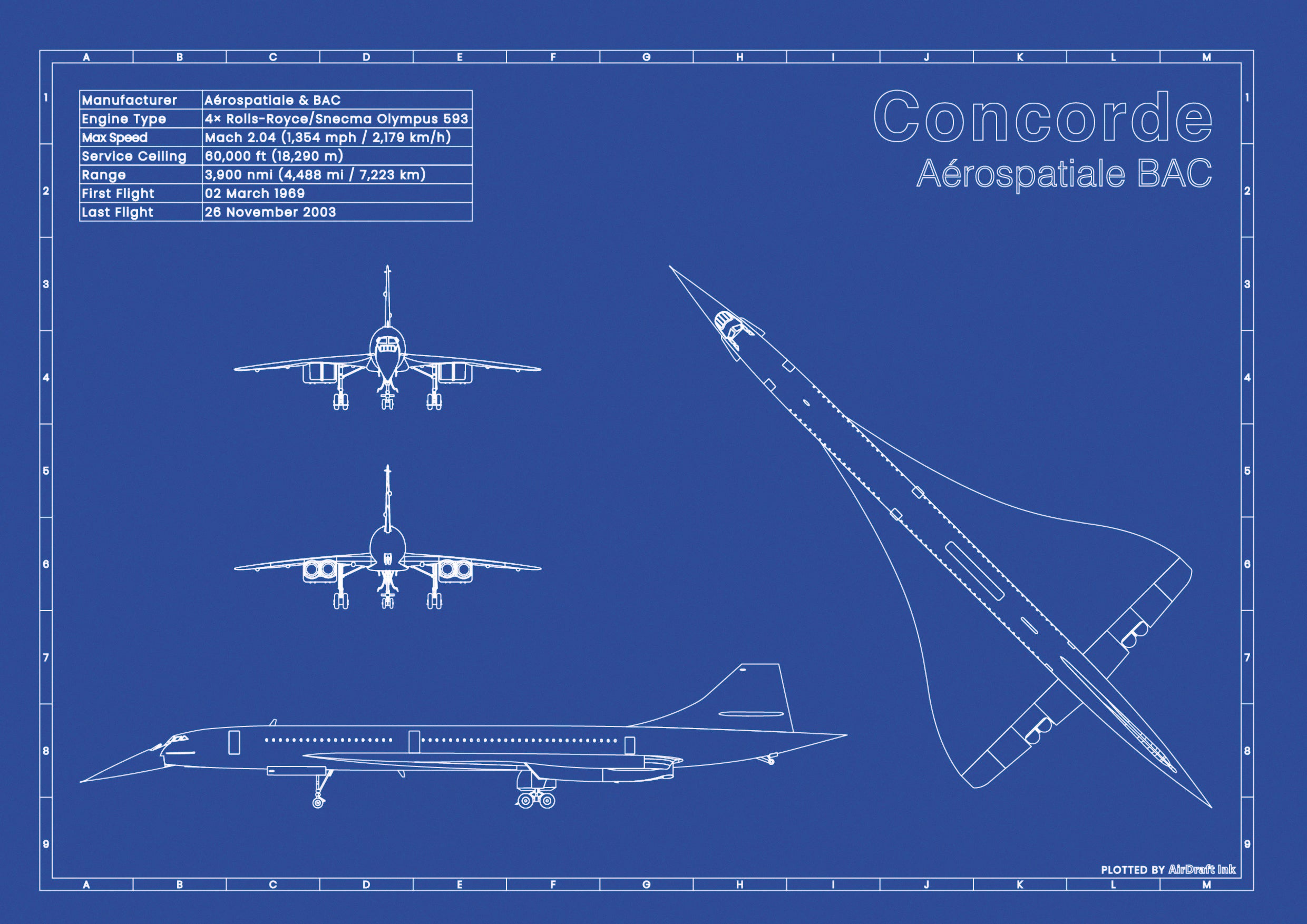 Concorde｜Technical blueprint, Drawn in Ink｜Perfect gift for aviation ...