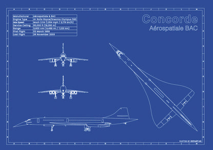 Aerospatiale BAC Concorde technical aircraft plan drawing in blueprint style, aviation wall art poster gift for aircraft enthusiasts and pilots.