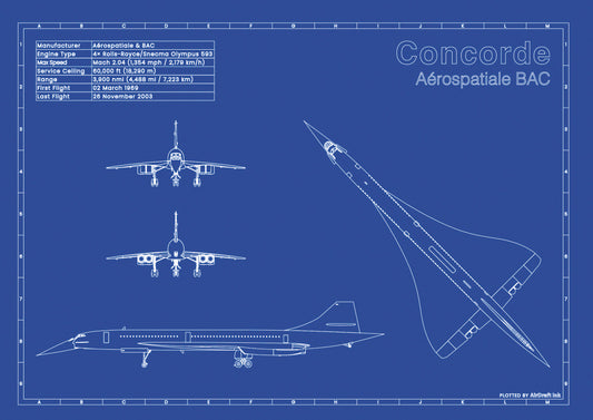Aerospatiale BAC Concorde technical aircraft plan drawing in blueprint style, aviation wall art poster gift for aircraft enthusiasts and pilots.