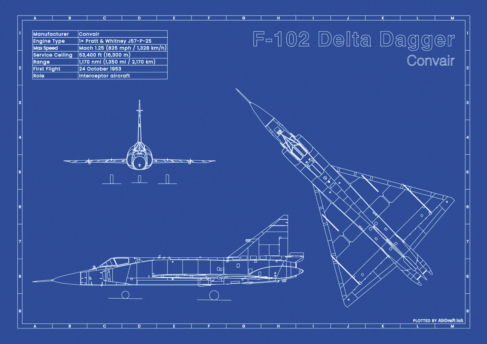 Convair F-102 Delta Dagger technical aircraft plan drawing in blueprint style, aviation wall art poster gift for aircraft enthusiasts and pilots.