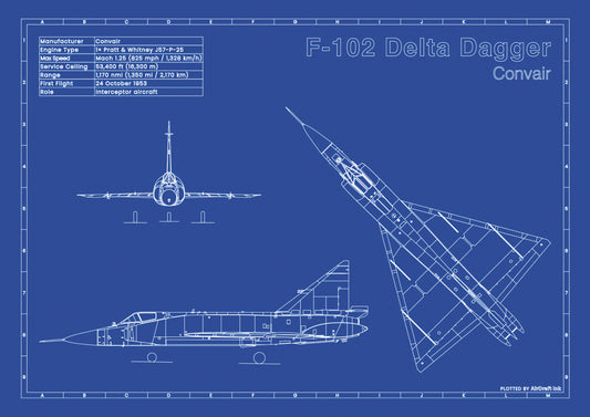 Convair F-102 Delta Dagger technical aircraft plan drawing in blueprint style, aviation wall art poster gift for aircraft enthusiasts and pilots.