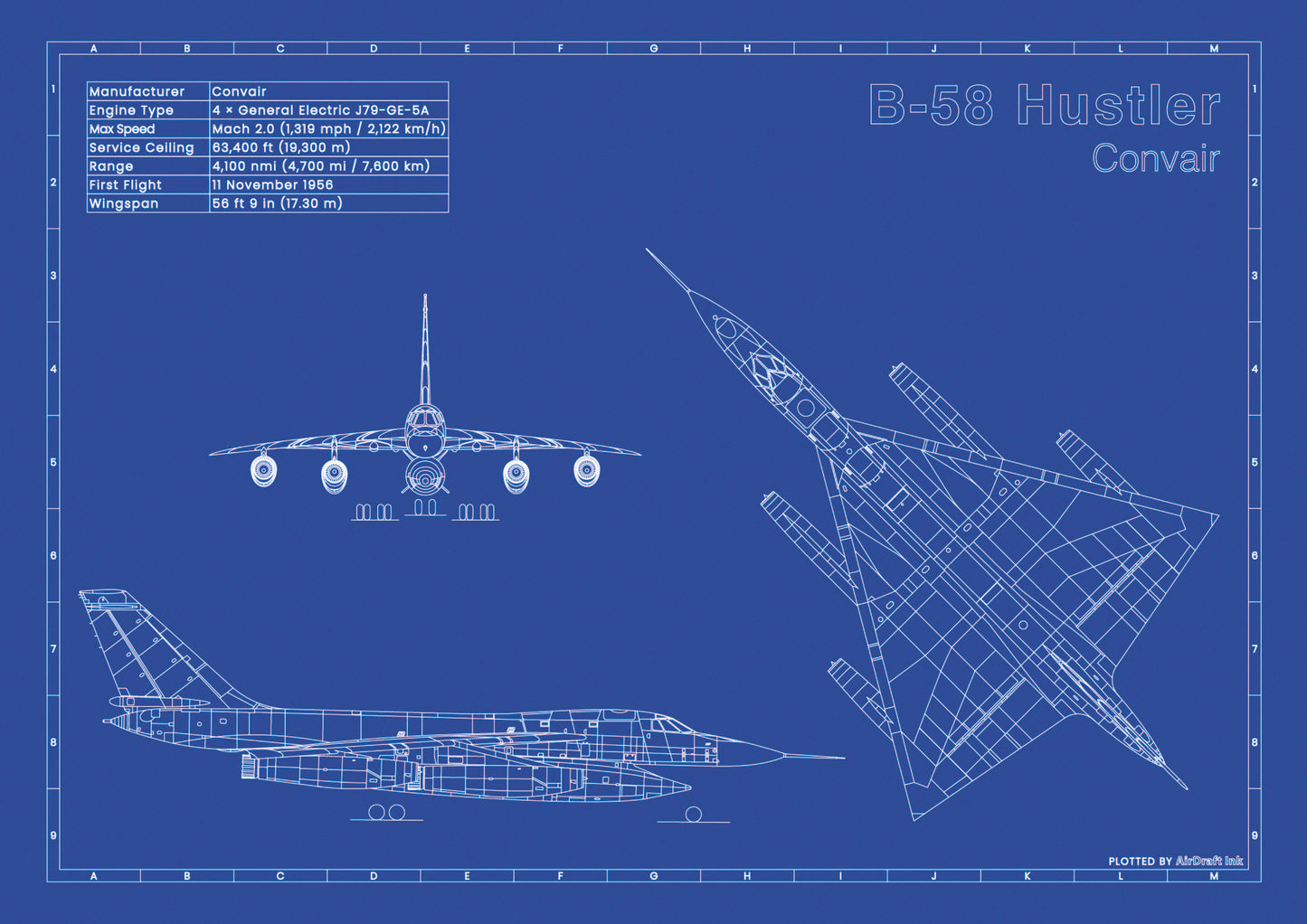 Convair B-58 Hustler technical aircraft plan drawing in blueprint style, aviation wall art poster gift for aircraft enthusiasts and pilots.