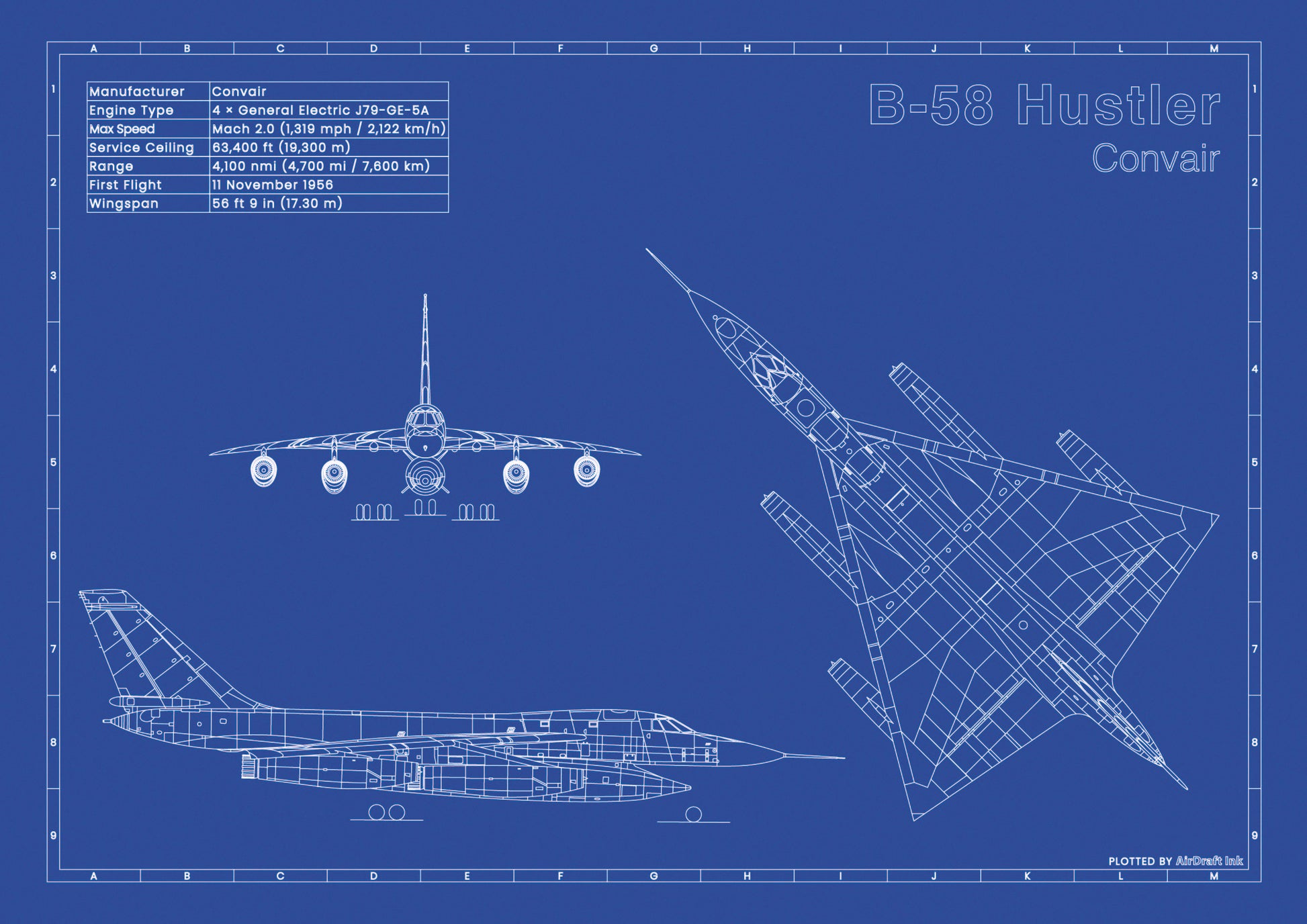 Convair B-58 Hustler technical aircraft plan drawing in blueprint style, aviation wall art poster gift for aircraft enthusiasts and pilots.