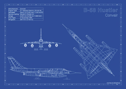 Convair B-58 Hustler technical aircraft plan drawing in blueprint style, aviation wall art poster gift for aircraft enthusiasts and pilots.