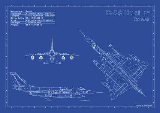 Convair B-58 Hustler technical aircraft plan drawing in blueprint style, aviation wall art poster gift for aircraft enthusiasts and pilots.