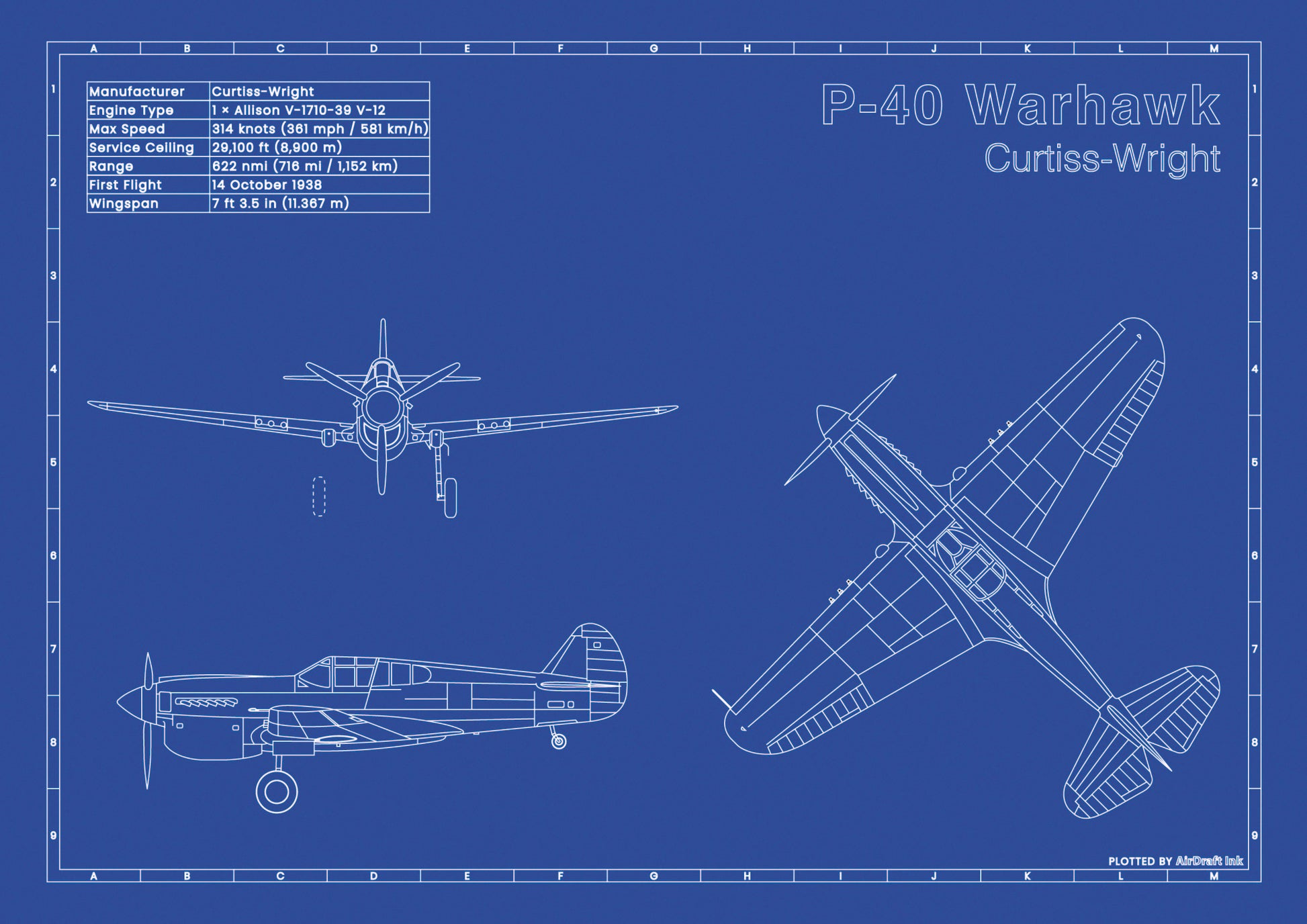 Curtis P-40 Warhawk technical aircraft plan drawing in blueprint style, aviation wall art poster gift for aircraft enthusiasts and pilots.