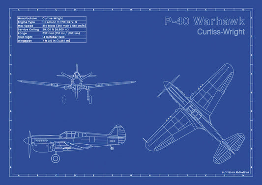 Curtis P-40 Warhawk technical aircraft plan drawing in blueprint style, aviation wall art poster gift for aircraft enthusiasts and pilots.