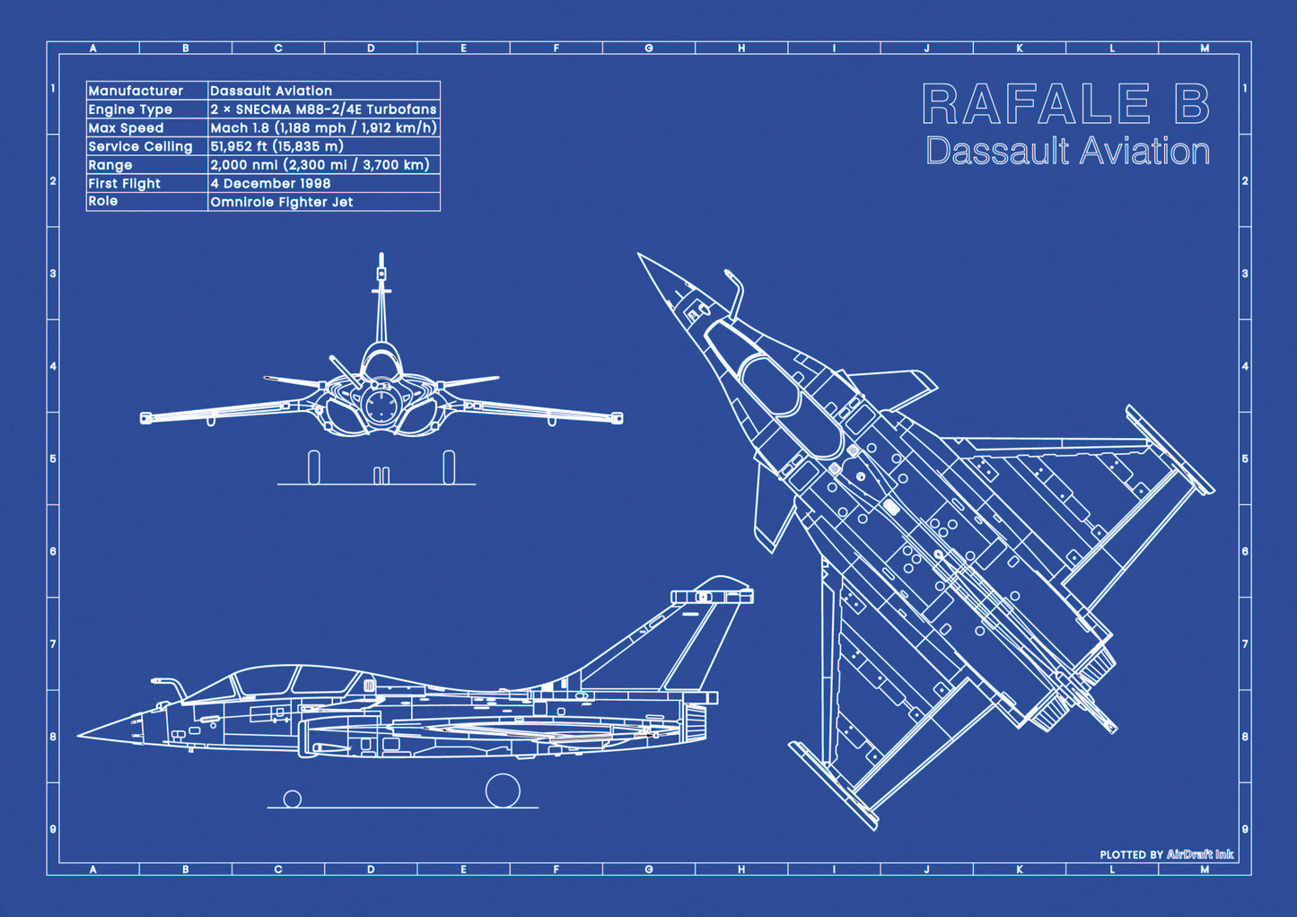 Dassaul Rafale B technical aircraft plan drawing in blueprint style, aviation wall art poster gift for aircraft enthusiasts and pilots.