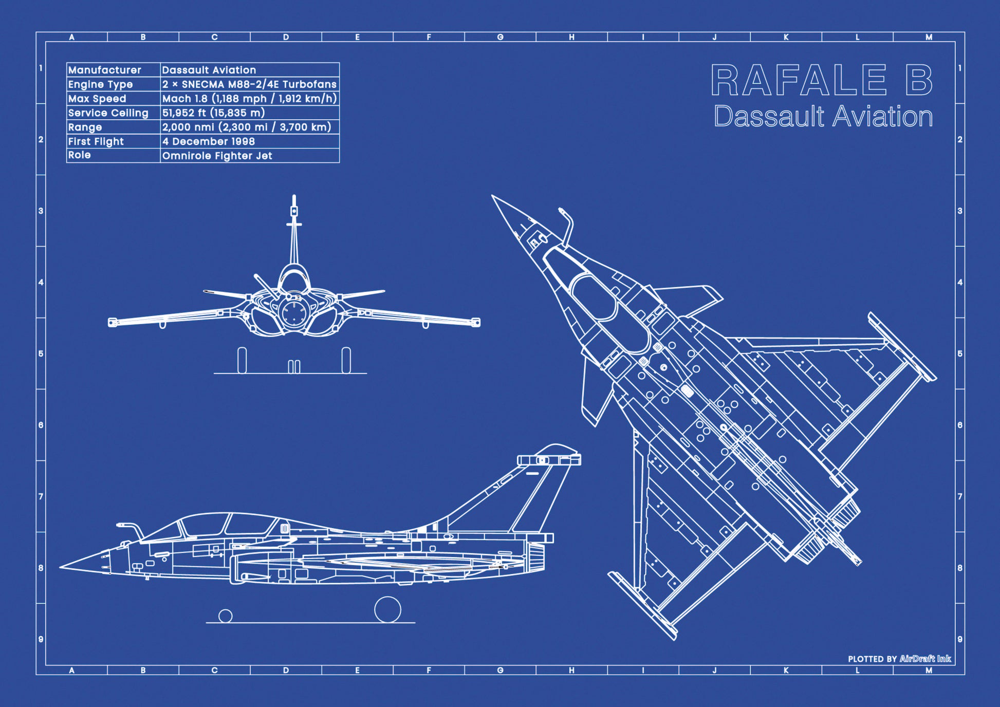 Dassaul Rafale B technical aircraft plan drawing in blueprint style, aviation wall art poster gift for aircraft enthusiasts and pilots.
