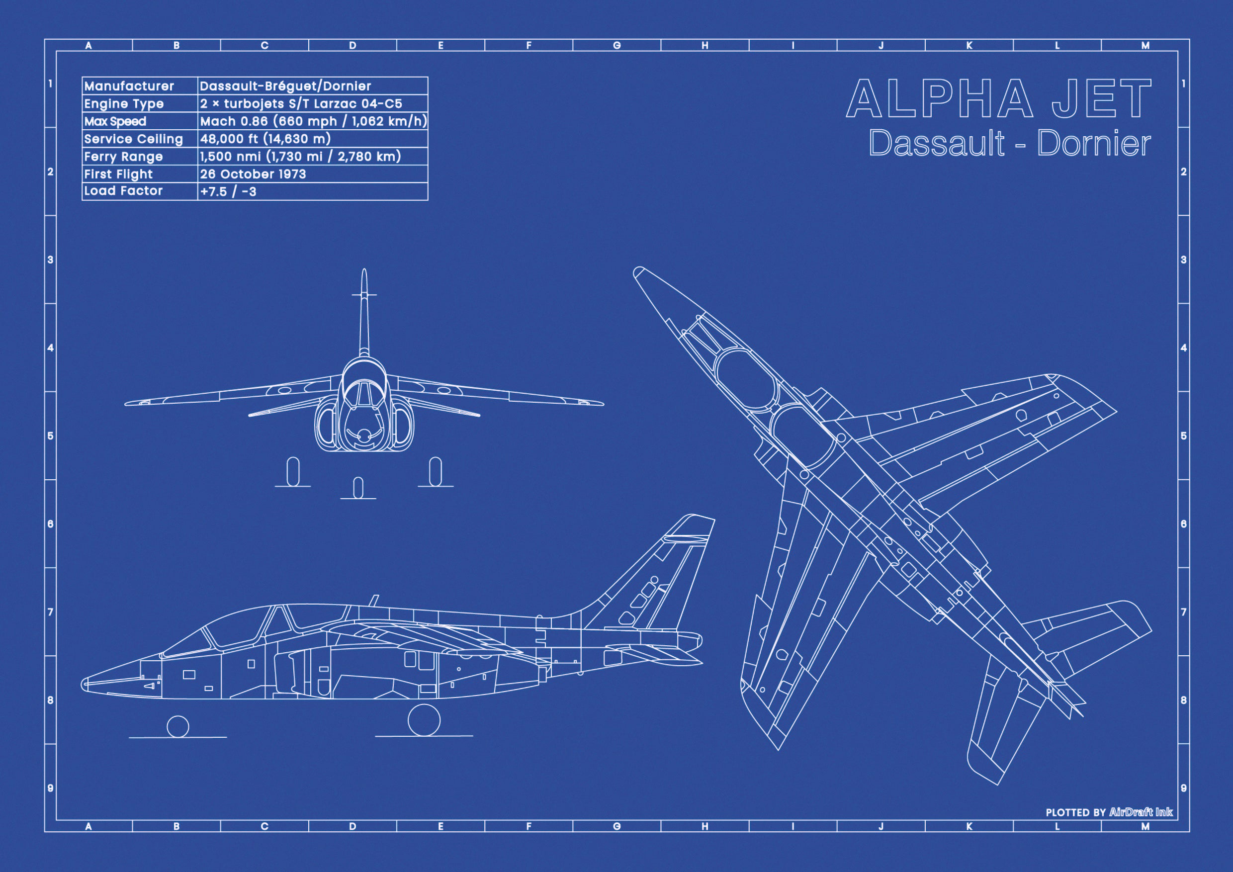 Alpha Jet｜Technical blueprint, Drawn in Ink｜Perfect gift for aviation ...