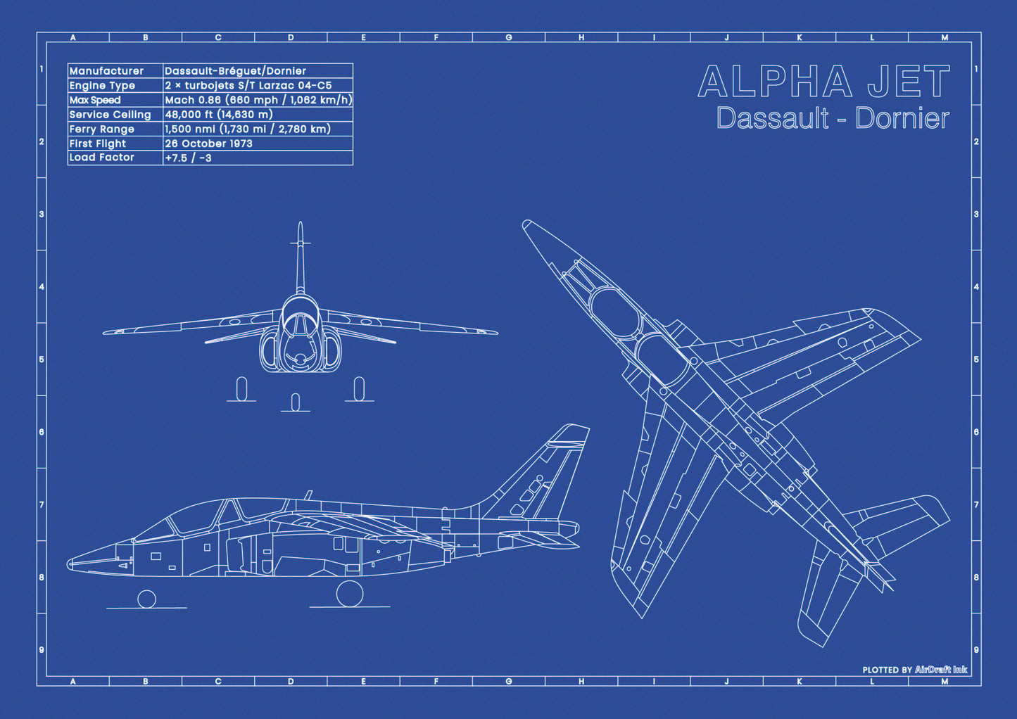 Dassault Alpha Jet technical aircraft plan drawing in blueprint style, aviation wall art poster gift for aircraft enthusiasts and pilots.