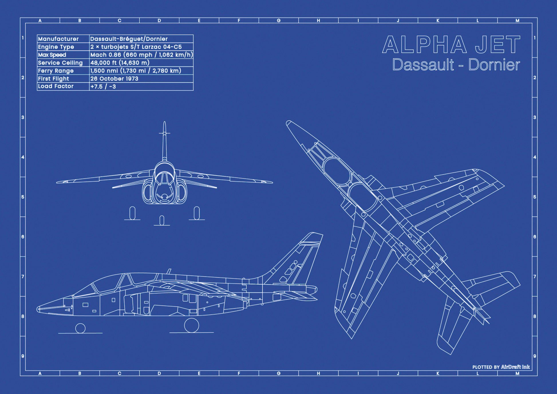 Dassault Alpha Jet technical aircraft plan drawing in blueprint style, aviation wall art poster gift for aircraft enthusiasts and pilots.