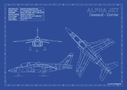 Dassault Alpha Jet technical aircraft plan drawing in blueprint style, aviation wall art poster gift for aircraft enthusiasts and pilots.
