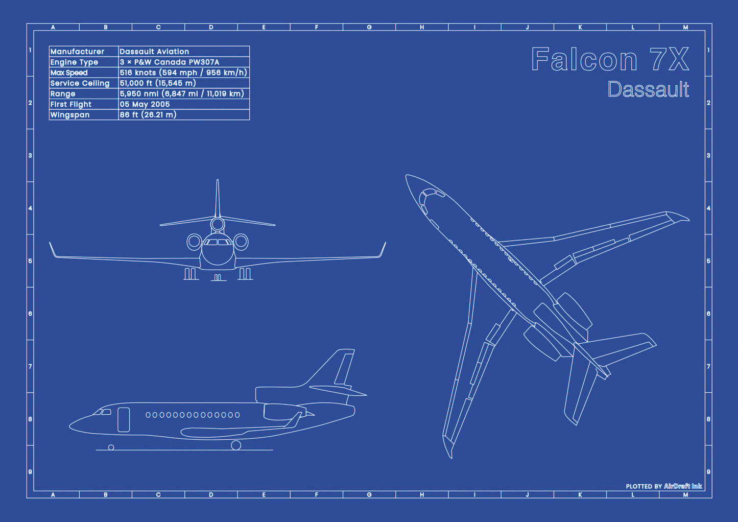 Dassault Falcon 7X technical aircraft plan drawing in blueprint style, aviation wall art poster gift for aircraft enthusiasts and pilots.