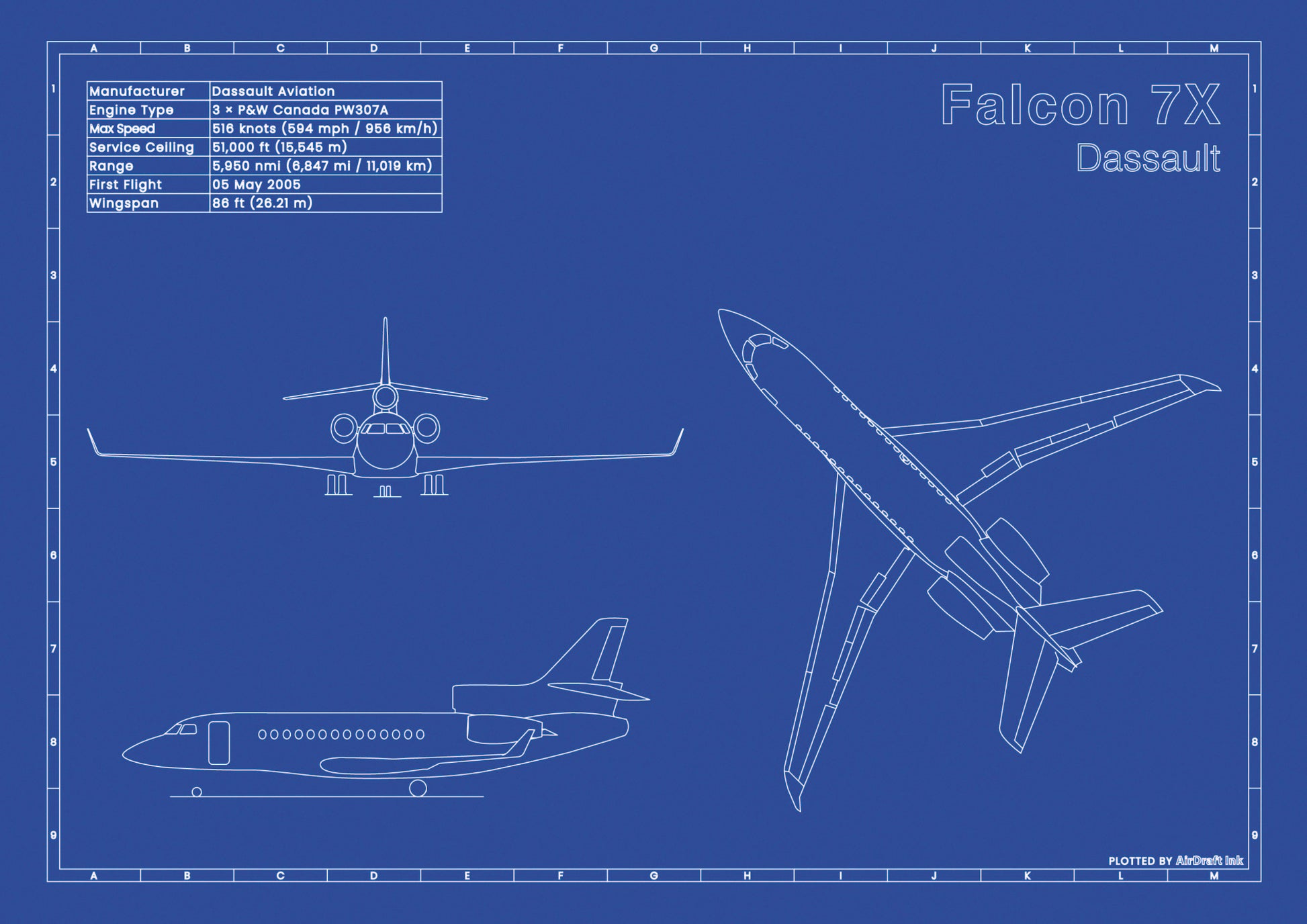 Dassault Falcon 7X technical aircraft plan drawing in blueprint style, aviation wall art poster gift for aircraft enthusiasts and pilots.